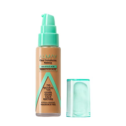 Almay Clear Complexion Acne Foundation Makeup with Salicylic Acid - Lightweight, Medium Coverage, Hypoallergenic, Fragrance-Free, for Sensitive Skin, 710 Natural Tan, 1 fl oz.