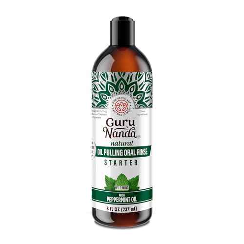 GuruNanda Starter Pulling Oil Mouthwash for Natural Teeth Whitening, Coconut and Peppermint Oil for Fresh Breath & Happy Gums, Alcohol-Free, 8 Oz