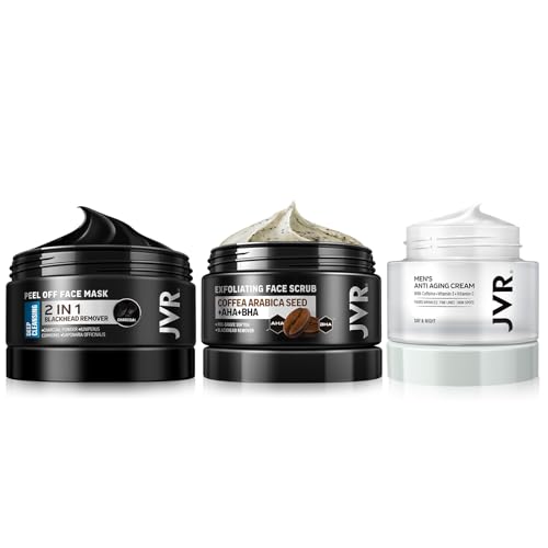 JVR Blackhead Remover Mask + Face Scrub for Men + Face Moisturizer Cream Anti Aging Cream, Charcoal Peel Off Black Mask, Facial Mask Purifying and Deep Cleansing for All Skin Types
