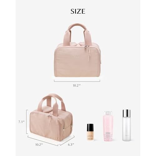 EACHY Travel Makeup Bag with Handle, Large Capacity Makeup Organizer, Waterproof Cosmetic Bag for Women, Wide-Open Design, Portable Toiletry Case for Travel, Accessories, and Essentials (Pink)
