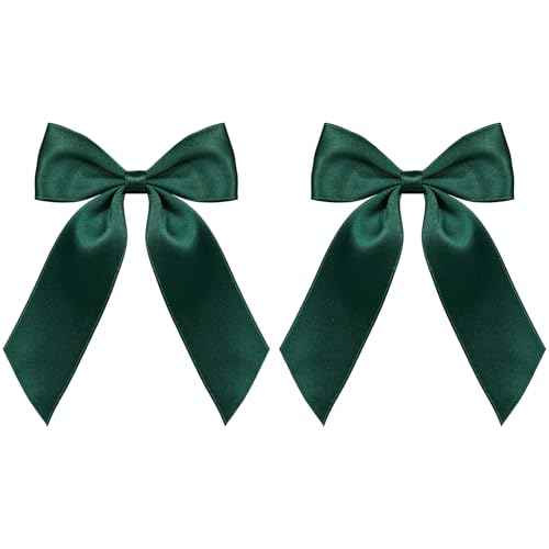 4in Christmas Dark Green Hair Bows Alligator Clips for Teen Toddler Girls, 2pc Solid Silky Satin Polyester Ribbon Ponytail Holder Barrettes Party Dress Accessories Kids Xmas Gift