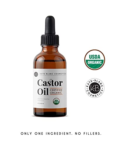 Kate Blanc Cosmetics Organic Castor Oil (4oz). 100% Pure, Cold Pressed, Hexane Free in a Glass Bottle. Stimulate Growth for Eyelashes, Eyebrows, Hair. Skin Moisturizer & Oil Cleanse with Starter Kit