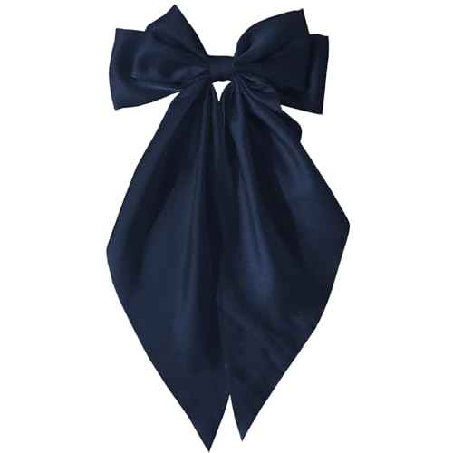 Hair Bows for Women Girls - Silky Satin Bow Hair Clip with Long Tail Ribbons - Elegant Hair Accessories (Navy Blue,1Pcs)