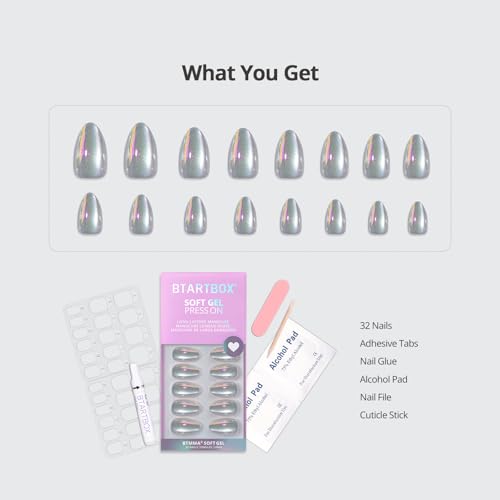 BTArtbox Cat Eye Short Almond Press On Nails 32Pcs Full Kit - Chaos Chrome Variation