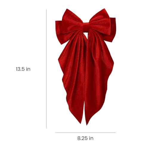 Bright Red Velvet Large Hair Bow Long Tail Bowknot Hair Barrette Clip 8.26 Inch Women Girls Fall Winter Ponytail Holder Hair Accessories