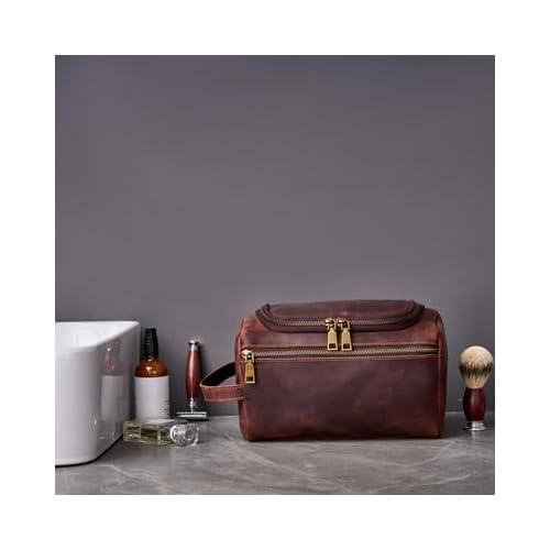 EURYNOME Leather Unisex Toiletry Bag Travel, Genuine Leather Shaving Dopp Kit - Mens Toiletry Bag With Hook -Makeup Cosmetic Organizer Kit - Men Travel Toiletries Bag Groomsmen Gift