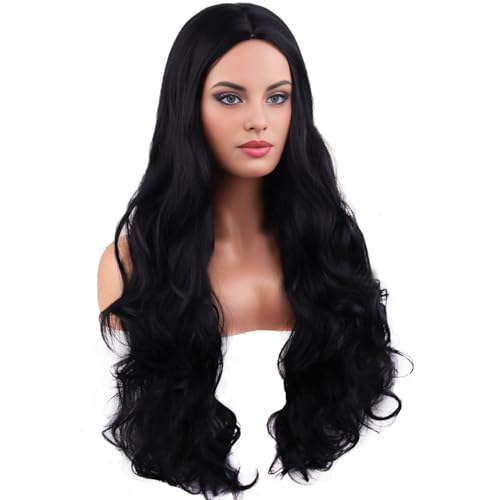 RightOn Long Wavy Black Wig for Women - Heat-Resistant 26"