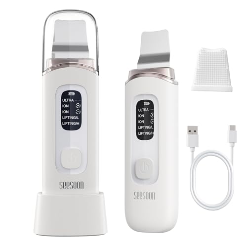 SEESOON Face Scrubber Exfoliator, Skin Scrubber Face Spatula, 4 Modes Blackhead Remover Tools for Facial Deep Cleansing with LCD Display, IPX7 Waterproof-White