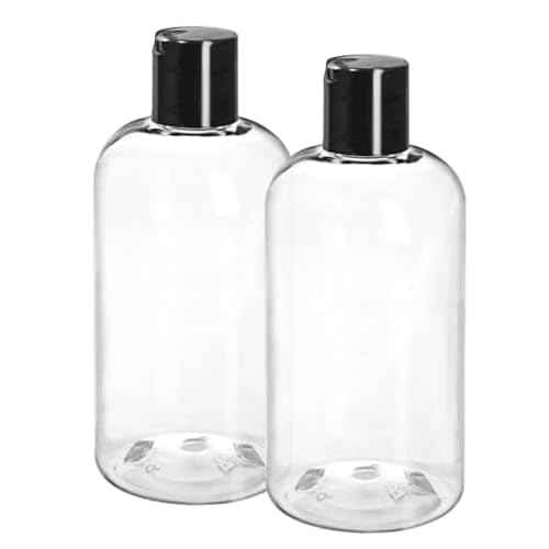 ljdeals 8 oz Clear Plastic Empty Bottles with Black Disc Top Caps, Squeezable Refillable Containers for Shampoo, Lotions, Cream and More, Pack of 2, BPA Free, Made in USA