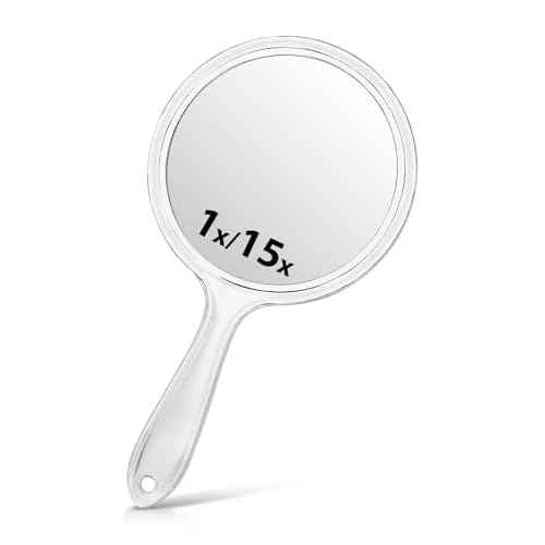 Hand Mirror, Double-Sided 1X/15X Magnifying Mirror with Handle, Acrylic, 8.3" L x 4.5" W, Clear, Pack of 1