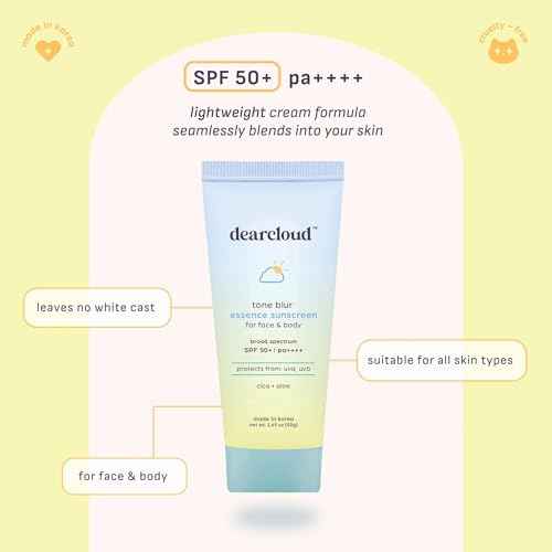 dearcloud Tone Blur Essence Sunscreen SPF 50+ PA++++ ? Korean Sunscreen for Face, Primer with Vegan Ingredients (1.69 fl oz)
