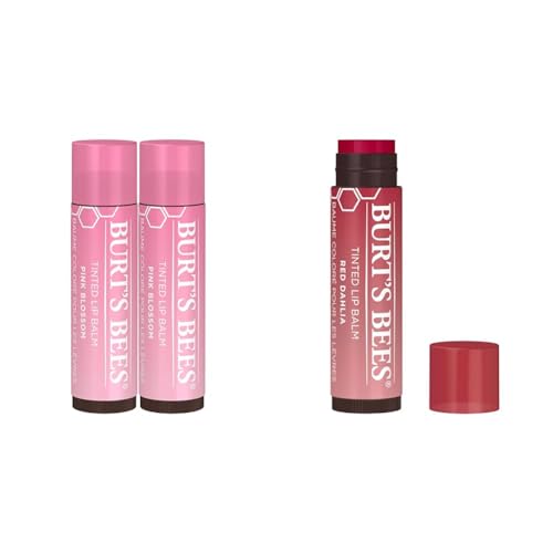 Burt's Bees 2-Pack Tinted Lip Balm Bundle with Pink Blossom and Fiery Red Dahlia for Hydrating Sheer Color