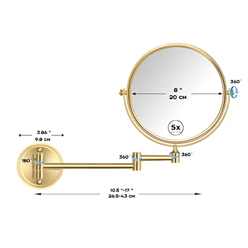8 Inch Bathroom Makeup Mirror Wall Mounted Gold, 360 Swivel Vanity Mirror with Magnification, Extendable Arm, 1X/5X Two-Sided, Brass Material, Brushed Light Gold