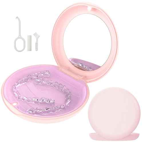 Retainer Case with Mirror, Compatible with Invisalign, Cute Slim Orthodontic Aligner Case with Silicone Pad, Mouth Guard Box with Retainer Removal Tool, Chewy and Brush, Pink