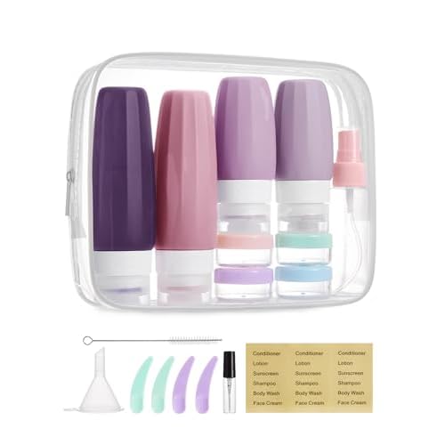 BAGSMART 18 Pack TSA Approved Travel Bottles for Toiletries, Leak Proof Silicone Travel Size Containers Bottles for Shampoo, Purple