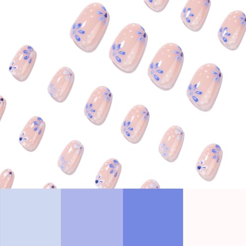 UZJXQ Short Oval Press-On Nails Nude Base with Blue Floral & Polka Dot Design – 24Pcs Style-1