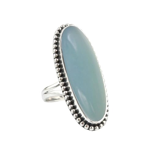 Long Oval Aqua Chalcedony Ring 925 Sterling Silver Handmade Ring For Women Wedding, Engagement Gift For Her Aqua Blue Gemstone Ring Chalcedony Jewelry By NKG