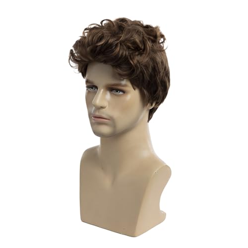 Baruisi Mens Short Brown Wig Natural Curly Fluffy Hair Wig Synthetic Cosplay Replacement Wig for Male