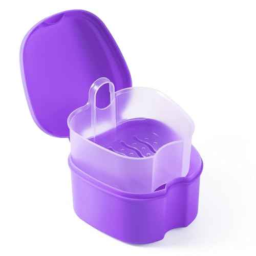JMU Denture Bath Case, Denture Cup for Soaking Dentures with Strainer Basket Tray for Dentures, Mouth Guard Storage Case, Purple