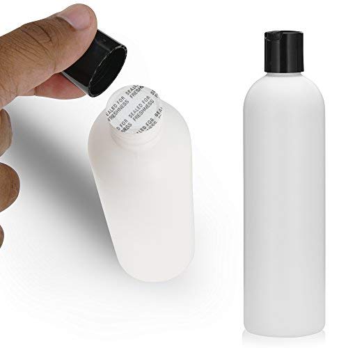 6 PCS Empty White HDPE Bottle 12 oz - Cosmo Round Plastic Bottles - 24/410 Black Disc Cap - 24 mm Foil Pressure Seal for Freshness and Leak Prevention - Phthalate Free - Use for Safe Cosmetics