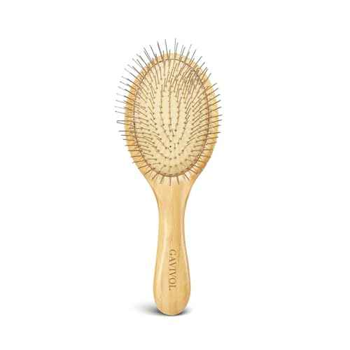 Bamboo Paddle Hairbrush with Steel Bristles for Anti-Static Detangling & Scalp Massage ? Wooden Handle Brush for Hair Growth, All Hair Types