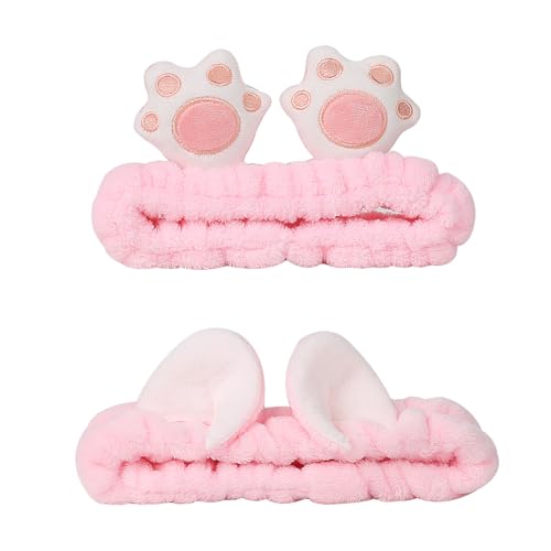 NENMATTE Cat Ears Spa Headband Plush Cat Paw Makeup Headband for Women Girl,Fluffy Wash Face Hair Bands Cartoon Cute Headbands 2 Pcs Microfiber Soft Coral Fleece Skincare Hair Bands…