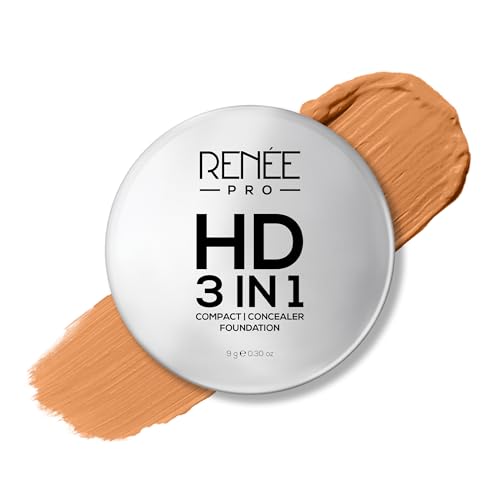 RENEE Pro Hd 3-In-1 Compact - Amande, Works As Compact Powder, Concealer & Foundation, Spf 20, Matte Finish, High Coverage - Enriched With Vitamin E, C & Aloe Vera All, Beige