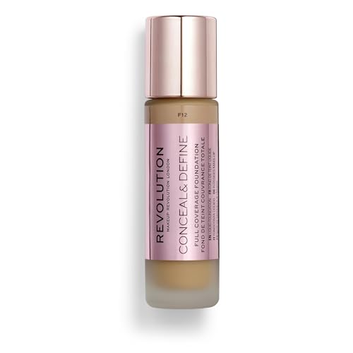 Revolution, Conceal & Define Foundation, Full Coverage, Long-Lasting Matte Finish, Vegan & Cruelty-Free, F12 Medium to Dark Skin Tones, 0.8 fl oz