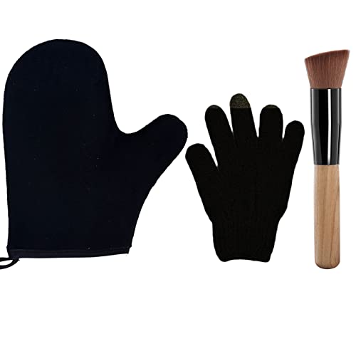 3 Piece Self Tanning Mitt Applicator kit, Self Tanning Glove Face Tanner Brush Exfoliating Glove Self Tanner Sunless Flawless Tan Applicator (black)