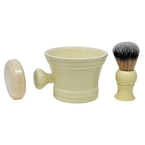 ?G.B.S Heavy Duty Ceramic Shaving Set ? Ivory Mug with Knob Handle, Faux Ivory Handle Brush, 3 oz Natural Long-Lasting Lather Soap ? Classic Wet Shaving Kit for Men