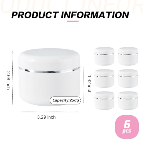 6-Pack 8.5oz White Plastic Cosmetic Jars with Lids