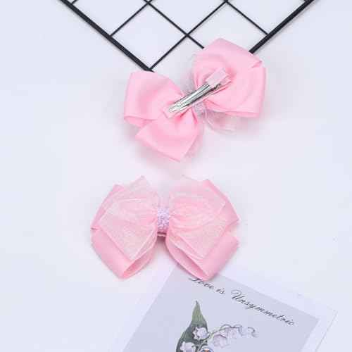 Glitter 4.5-Inch Hair Bows Organza Alligator Clips, Sequin Delicate Double Silver Thread Woven Mesh Hair Accessories for Girls, Toddler, Kids and Women Birthday Wedding - Set of 2 (Light Pink)
