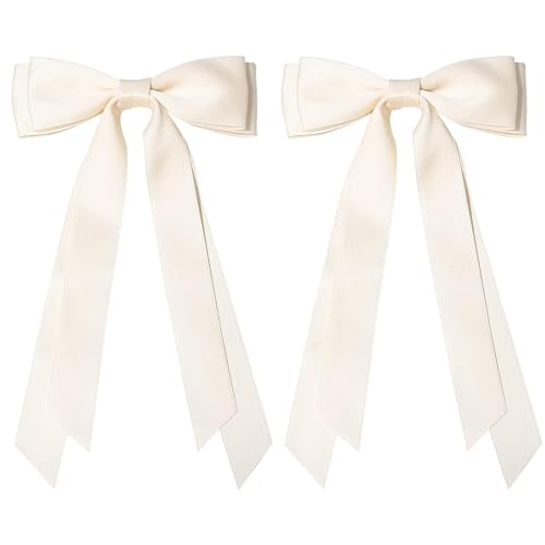 2PCS Silky Satin Hair Bows Ribbon Hair Clips, Fall Alligator Hair Pins, Ponytail Holder Accessories Sides Metal Hair Bow Barrettes Hair Accessories for Women Girls Kids (Pink+Beige)