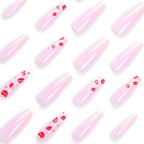 RTKHFZE Press on Nails Long, Coffin Fake Nails Pink Full Cover Acrylic Nails with Nude White Gradient and Lips Designs False Nails Stick on Nails with Glue Gift for Women and Girls Manicure