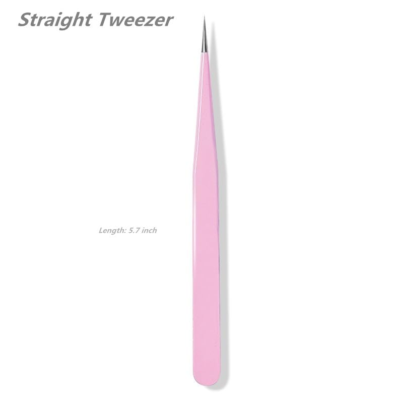 KLDKUST Stainless Steel Eyelash Extension Tweezers Straight and Curved Tip Eyelash Tweezers for Eyelash Extension Applications with Eyelash Brush (4PCS)