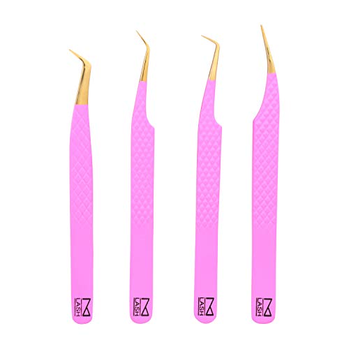 M LASH tweezers for Eyelash Extension (Set of 4) - Professional & Precision Eyelash tweezers - Japanese Steel, Diamond Grip, Fiber Tip V3 lash applicator tool (Pink)