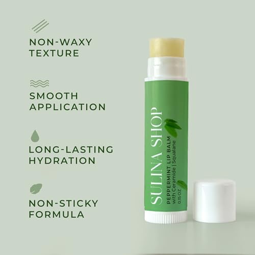 Peppermint Lip Balm with Castor Oil & Vitamin E - Nourishes & Protects Dry Lips, Lip Moisturizer with Ceramide & Squalane, Natural Lip Balm Mint with Deep Hydration for Soft Lips - Lip Repair, 0.15 oz