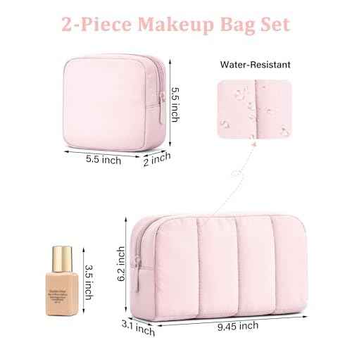 oscaurt 2 Pcs Makeup Bag Travel Toiletry Bag for Women Puffy Padded Cosmetic Pouch Purse Wide-open Makeup Organizer Case Travel Essentials