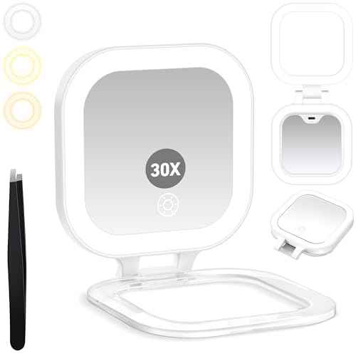 Compact Mirror, Travel Mirrors with Light, 1x/30x Magnifying Mirror with 3 Color Lights and Adjustable Brightness, 4.5x3.9 inch Small Compact Hangable Hand Pocket Mirrors, Comes with Tweezer