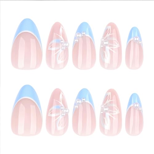 Blue Petal Pearl Medium Almond Press On Nails with French Tips - Wedding & Party Design