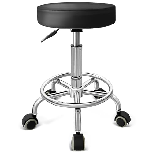 PU Leather Rolling Stool with Foot Rest Round Height Adjustment Swivel Spa Drafting Salon Tattoo Work Office Massage Vanity Stools Task Chair (Black)