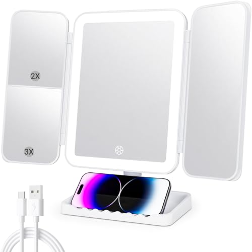 DailyCuddles White Makeup Mirror with Lights - 3 Color Modes, 1X/2X/3X Magnification, Tri-Fold, 360° Rotation, USB-C Rechargeable, Phone Holder