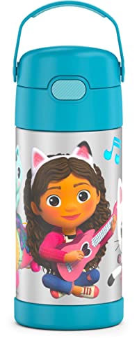 THERMOS FUNTAINER Water Bottle with Straw - 12 Ounce, Gabby’s Dollhouse - Kids Stainless Steel Vacuum Insulated Water Bottle with Lid