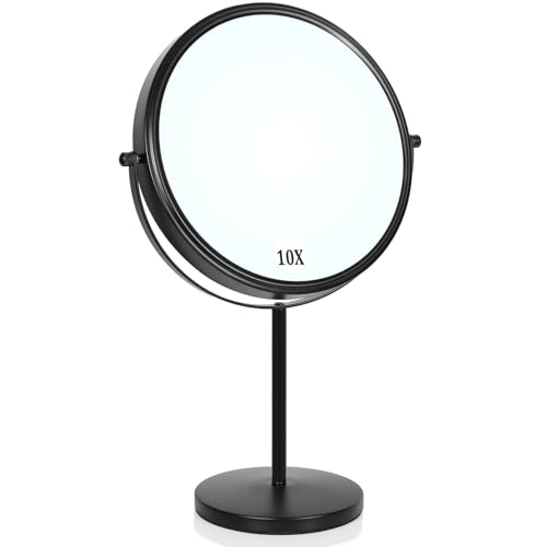 Large Size Tabletop Makeup Mirror with Magnification, 9-Inch Double-Sided 360¡Æ Swivel Free Standing Vanity Mirror, 1X/10X Magnifying Mirror with Stand for Bathroom & Bedroom, Matte Black, No Light