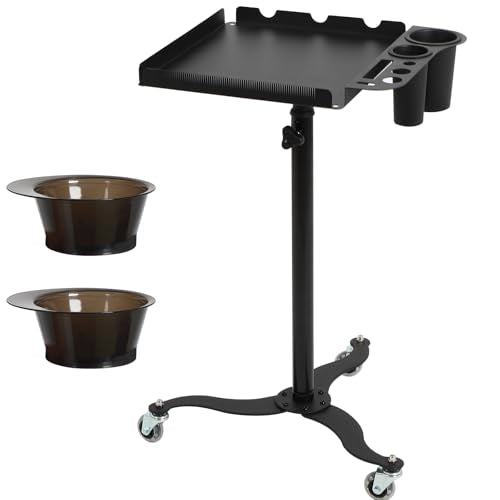 Salon Tray Cart with Storage Platform, 2 Magnetic Bowls Tattoo Tray with Wheels Trolley, Adjustable Height Salon Tray Equipment, Hairstylist Holder and Hair Separator Stand for Salon & Spa Use, Black