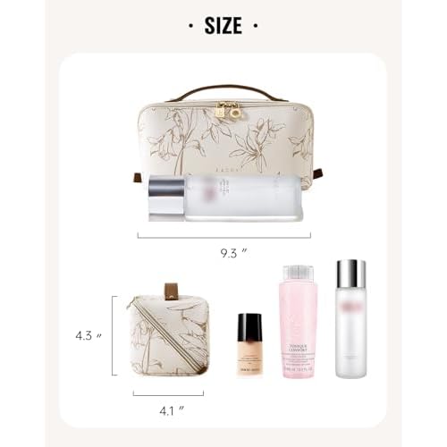 EACHY Travel Makeup Bag, Large Capacity Cosmetic Bags for Women, Waterproof Portable Pouch Open Flat Toiletry Bag Pattern Make up Bag (F-Beige)
