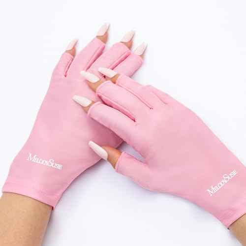 MelodySusie Premium UV Protection Gloves for Manicures, Cool Feeling Fabric,Professional UPF50+, UV Gloves for Gel Nail Lamp, Anti UV Light, Skin Care Fingerless Design, Pink