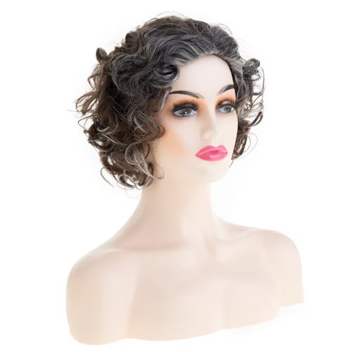 Short Brown Mixed Grey Curly Bob Wig for Women - Cosplay Hair