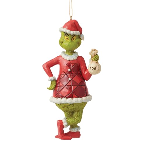 Enesco Dr. Seuss Grinch by Jim Shore Santa Grinch with Bag of Coal Hanging Ornament, Stone Resin Hand Crafted Collectible Christmas Tree Ornaments Home Decor Collection Gift, 5.12 Inch, Multicolor