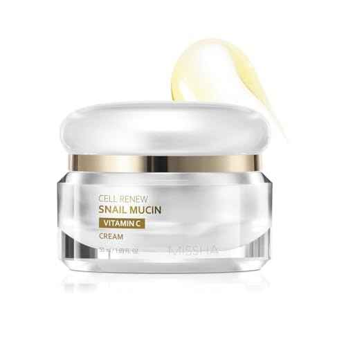 MISSHA Cell Renew Snail Mucin Vitamin C Cream 1.69 Fl oz, Hydrating Snail Mucin, Korean Skin Care for Improved Skin Texture & Youthful Glow, Korean Moisturizer, Kbeauty, Paraben Free